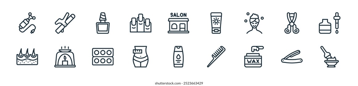 Icono de cosmetología moderna. Perfecto para diseños de UI lineales con tinte de cabello de Vector, maquinilla de afeitar, cera, peine, champú, cintura, sombra de ojos y más iconos para App móviles y de Web.