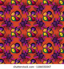 Modern cosmos flower pattern with royal flowers. Colored orient pattern in brown, orange and red colors. Seamless floral ornament.