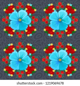 Modern cosmos flower pattern with royal flowers. Colored orient pattern in blue, red and green colors. Seamless floral ornament.