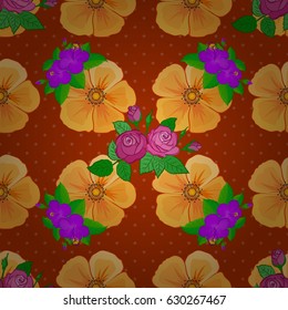Modern cosmos flower pattern with royal flowers. Colored orient pattern on a brown background. Seamless floral ornament.
