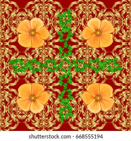 Modern cosmos flower pattern with royal flowers. Colored orient pattern on a red background. Seamless floral ornament.