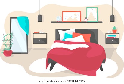 Modern And Cosy Bedroom Interior With Bed With Pillows And Blanket, Bedside Tables With Books And Candles, Pictures And Houseplant At Mirror. Vector Colorful Illustration Isolated On White Background.