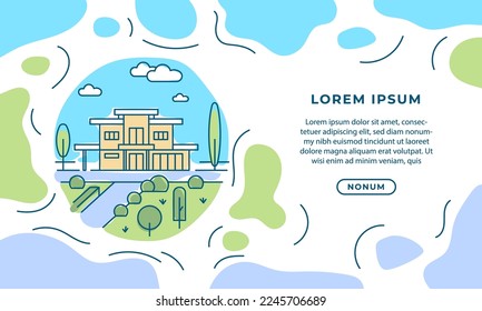 Modern cottage banner template design. Round line art and color drawing illustration with Modern house, trees, and minimalist garden.