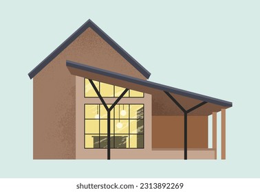 El concepto de casa de campo es moderno. Inmobiliaria y propiedad privada. Casa o casa con pared de vidrio. El exterior y la fachada. Dibujo vectorial plano de dibujos animados aislado en fondo azul