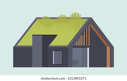 Modern cottage building concept. Real estate and private property. Modern architecture and enginerring. Townhouse on nature. Cartoon flat vector illustration isolated on blue background