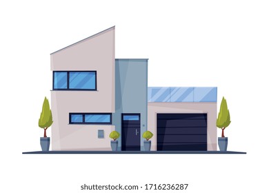 Modern Cottage Facade with Garage, City or Country Street Building, Residential House Real Estate Flat Vector Illustration