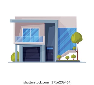 Modern Cottage Facade, Residential House Building with Garage, Country Real Estate Flat Vector Illustration