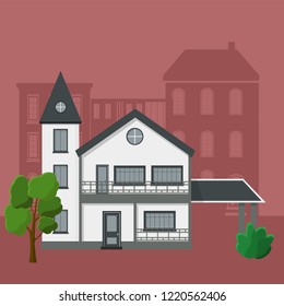 Modern cottage, front view. Home facade with doors and windows. Vector Abstract Architecture Illustration. Flat Design