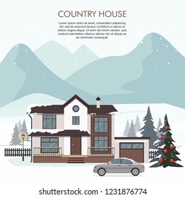 Modern cottage with gray car. Ski resort, Wintertime. Vector Illustration