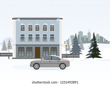 Modern cottage with gray car. Wintertime. Vector Illustration