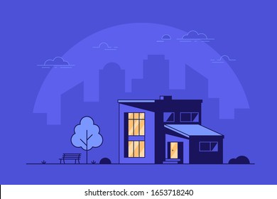 Modern Cottage House Exterior illustration, Villa Building. Big city with skyscrapers on background. Flat style concept banner