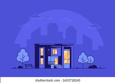 Modern Cottage House Exterior illustration, Villa Building. Big city with skyscrapers on background. Flat style concept banner