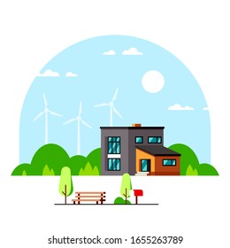 Modern Cottage House Exterior illustration, Villa Building. Wind turbines on background. Flat style concept banner