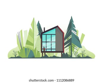 Modern Cottage House Exterior, Villa Building Horizontal Banner with trees on the white background. Vector illustration