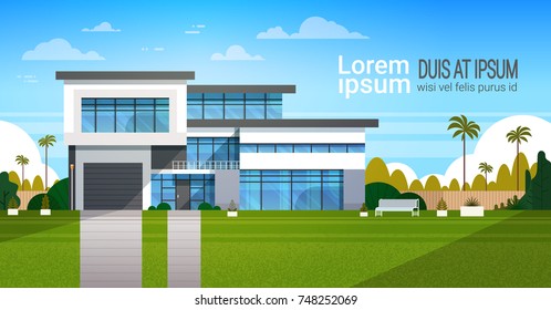 Modern Cottage House Exterior, Villa Building Banner with Copy Space Flat Vector Illustration