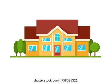 Modern cottage house, front view, isolated on white. Flat Style American or Sweden Townhouse. Vector Illustration.