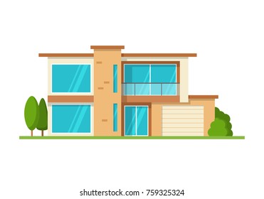 Modern cottage house, front view, isolated on white. Flat Style American or Sweden Townhouse. Vector Illustration.