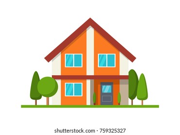 Modern cottage house, front view, isolated on white. Flat Style American or Sweden Townhouse. Vector Illustration.