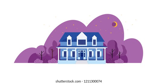 Modern cottage house. At night. Real Estate concept. Flat Style American or Scandinavian Townhouse. Vector illustration. Isolated