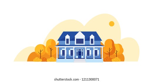 Modern cottage house. Real Estate concept. Flat Style American or Scandinavian Townhouse. Vector illustration. Isolated