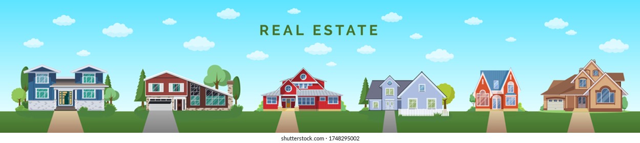 Modern cottage house set with blue sky and clouds. Real Estate ssite banner concept. Flat Vector illustration.