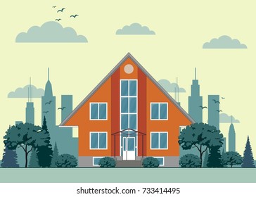 modern cottage house with trees and city background. Flat style graphic buildings. Vector illustration.