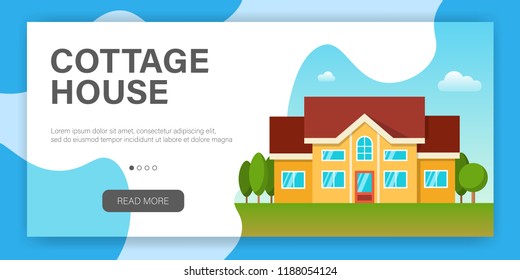 Modern cottage house. Web page design template. Real Estate concept. Flat Style American or Sweden Townhouse. Vector illustration