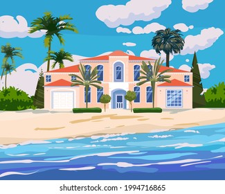 Modern cottage mansion on tropical exotic island coast. Modern villa architecture luxury, ocean, beach, palms and plants, summertime landscape seachore. Vector illustration
