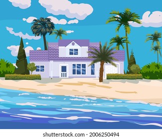 Modern cottage mansion on tropical exotic island coast. Modern villa architecture luxury, ocean, beach, palms and plants, summertime landscape seachore. Vector illustration