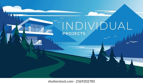 modernes Landhaus inmitten eines Waldberges. Ein See mit ruhigem Wasser. Blau und Grün. Werbung für das Architekturbüro und Baubüro. Vektorgrafik