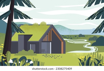 Modernes Landhaus in der Natur. Beim Aufräumen neben dem Wald bauen. Schönes Naturpanorama und Landschaft, Landschaft. Haus nahe Fluss und Baum im Sommer oder Frühling. Cartoon-Flavektor-Vektorgrafik