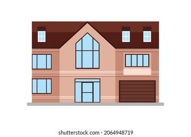 modernes Landhaus auf weißem Hintergrund, Vektorgrafik, Fassade eines Gebäudes mit Garage, Haus, Architektur.