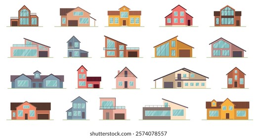 Modern cottage. Residential building collection recent vector different style houses set isolated