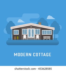 Modern cottage in rural area. Family summer house poster. Large apartment building vector illustration. Living or rental country home landscape. Scandinavian design dwelling for booking.