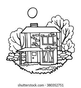 Modern cottage with a stone wall, contour drawing on a white background.