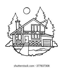 Modern cottage surrounded by fir trees, contour drawing on a white background.