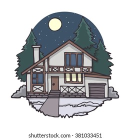Modern cottage surrounded by fir trees, color image on a white background.