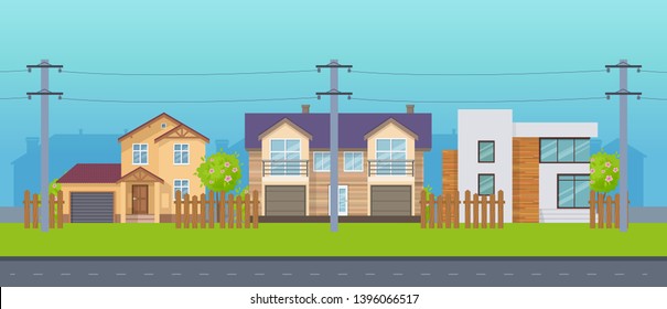 Modern cottage village, country houses with electric poles and cable on the street. Facade of real estate, buildings with land and plantings, architectural structures, power lines vector illustration.