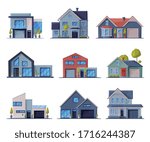 Modern Cottages Facades Cpllection, Residential House Buildings, Country Real Estate Flat Vector Illustration
