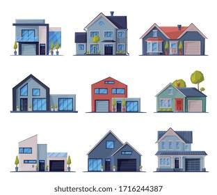 Modern Cottages Facades Cpllection, Residential House Buildings, Country Real Estate Flat Vector Illustration