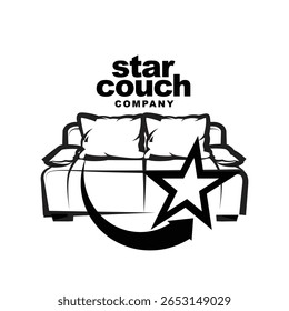 Modern couch logo with pillow and star symbol, black and white vector illustration for furniture business, interior design branding, or home decor company