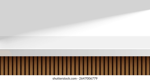 Modern counter background. Minimalistic white podium with clean surface and vertical wooden base on white wall with soft diagonal shadow. Elegant scene for product display. Vector illustration.