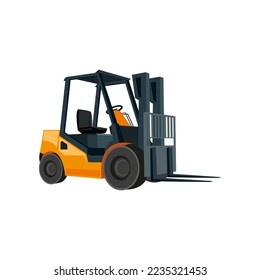 Modern counterbalance forklift cartoon illustration. Industrial vehicle for work in warehouse isolated on white background. Logistic, distribution, shipment, storage, transportation concept