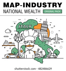 Modern country development flat industry. Thin line map concept in national wealth. Professional achievements in technology and industry elements. Nature vector idea concept symbol.