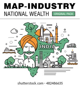 Industria moderna de desarrollo del país. Concepto de mapa delgado en riqueza nacional. Logros profesionales en tecnología y elementos industriales. Símbolo de concepto vectorial de la naturaleza.