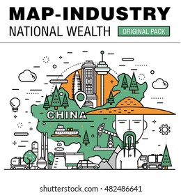 Modern country development flat industry. Thin line map concept in national wealth. Professional achievements in technology and industry elements. Nature vector idea concept symbol.