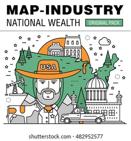 Modern country development flat industry. Thin line map concept in national wealth. Professional achievements in technology and industry elements. Nature vector idea concept symbol.