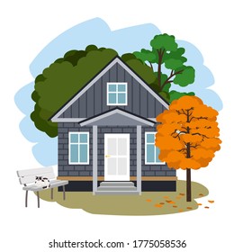 Modern country house. Cartoon nice brick house for vacation in autumn among trees, vector illustration with cat on bench and orange foliage isolated on white background