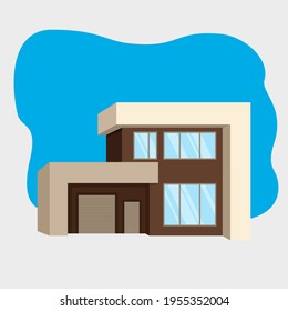 Modern country house. Cottage - real estate illustration. Two-story home of a residential building with a garage against the background of sky, clouds and trees. Flat vector.