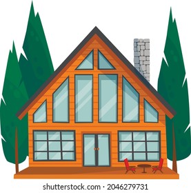 Modern country house with glass panoramic windows. Vector stylish building, home on rent or sale, a mansion in chalet style. Cottage townhouse with chimney pipe